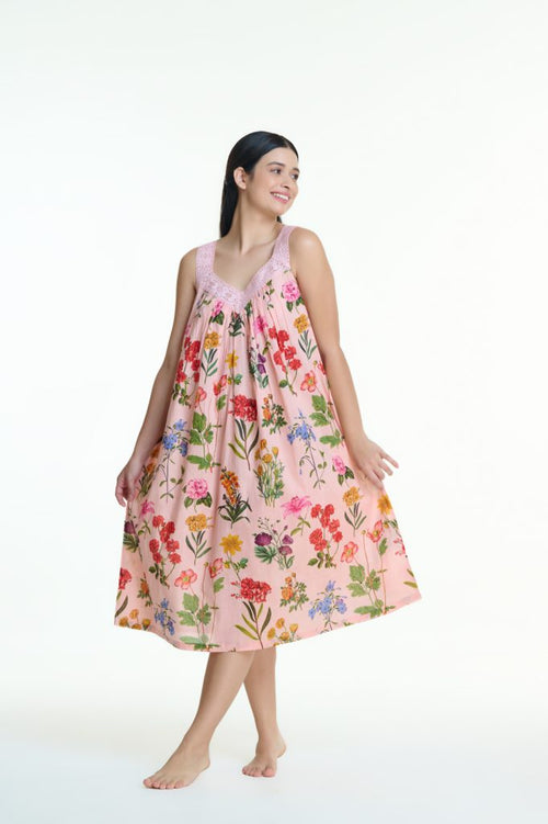 V Neck Laced Nightie - Pink Floral