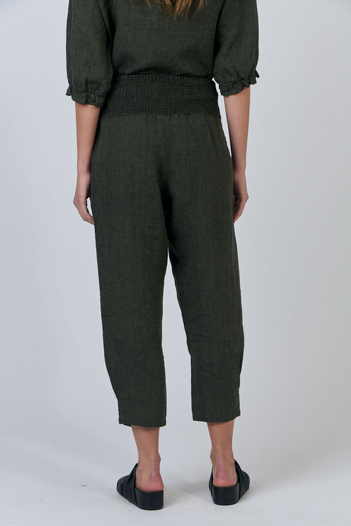 Linen Smocked Waist Pants - Licorice