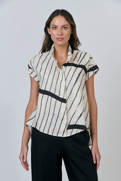 Asymmetrical Hem Linen Collared Top - Isobars