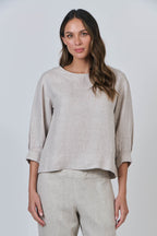 Linen Boat Neck Balloon Sleeve Top