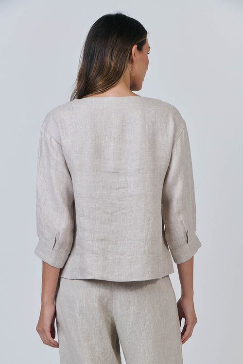 Linen Boat Neck Balloon Sleeve Top