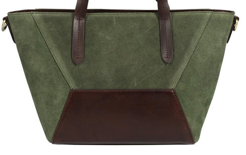 Suede Leather Cross Body Tote - Olive/Brown