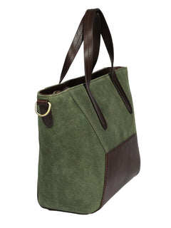 Suede Leather Cross Body Tote - Olive/Brown