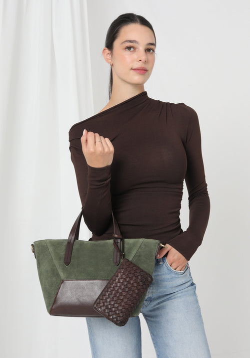 Suede Leather Cross Body Tote - Olive/Brown