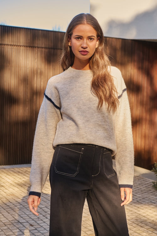 Blue Trim Knit - Oat