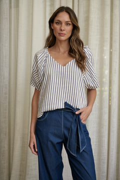 Linen V-Neck Top - Blueberry Stripe