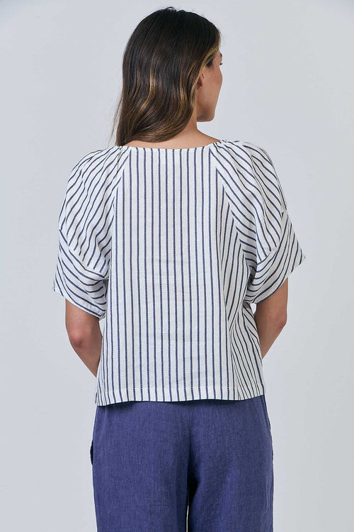 Linen V-Neck Top - Blueberry Stripe