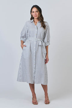Striped Belted Linen Midi Dress