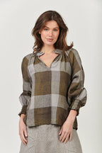 Linen Top V Neck - Breen Plaid