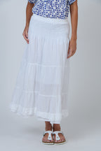 Shirred Tiered Midi Skirt - White