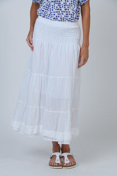 Shirred Tiered Midi Skirt - White