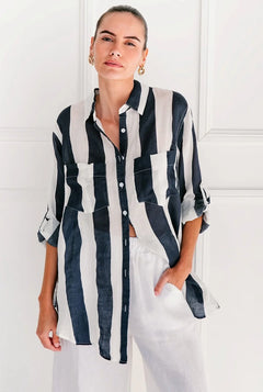 Linen Stripe Shirt - Navy