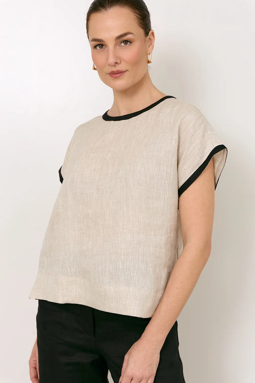 Marlie Linen Top - Natural/Black Stripe