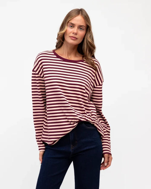 Easy Tuck Long Sleeve Tee - Plum/Pink Stripe