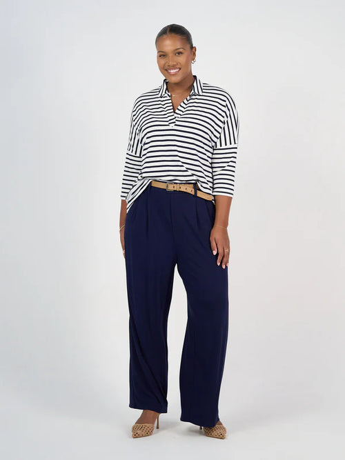 Khan Bamboo Collared Top - White&Navy