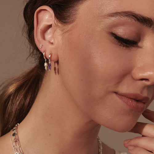 Huggies with Hanging Amethyst Baguette