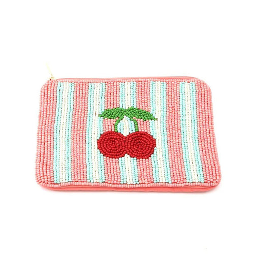 Cherry Beaded Purse - Pink Stripe