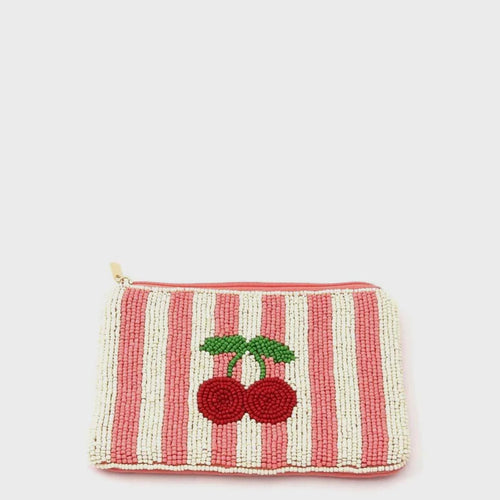 Cherry Beaded Purse - White/Pink Stripe