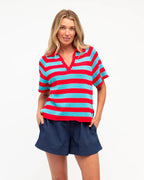 V Neck Knit Top - Red/Blue Stripe