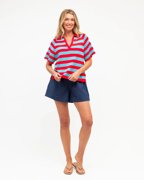 V Neck Knit Top - Red/Blue Stripe
