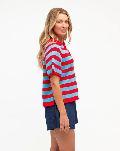 V Neck Knit Top - Red/Blue Stripe