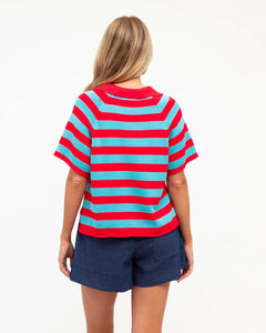 V Neck Knit Top - Red/Blue Stripe