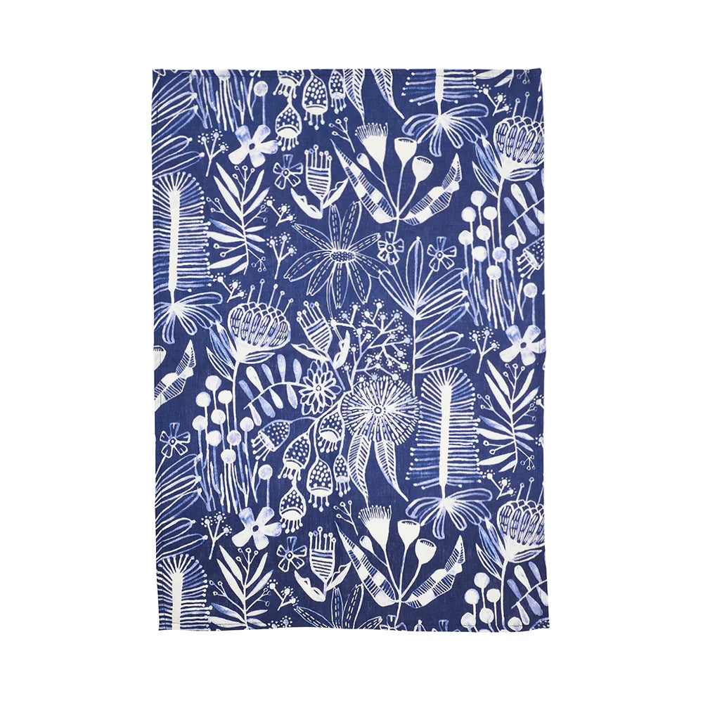 Linen Tea Towel - Navy Natives