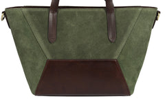 Suede Leather Cross Body Tote - Olive/Brown