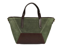 Suede Leather Cross Body Tote - Olive/Brown