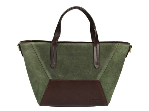 Suede Leather Cross Body Tote - Olive/Brown