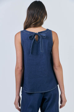 Ribbon Back Cotton Top - Chambray