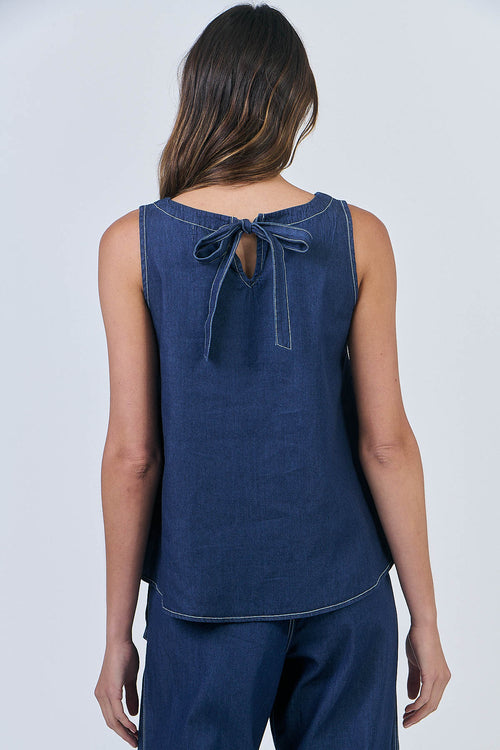 Ribbon Back Cotton Top - Chambray