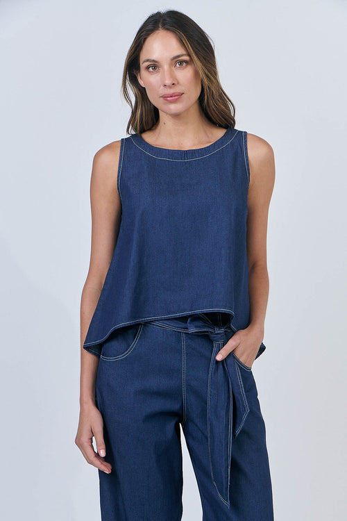 Ribbon Back Cotton Top - Chambray