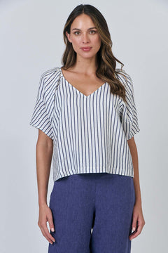 Linen V-Neck Top - Blueberry Stripe