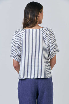 Linen V-Neck Top - Blueberry Stripe