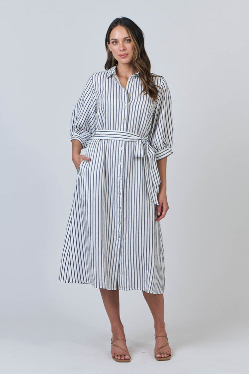 Striped Belted Linen Midi Dress