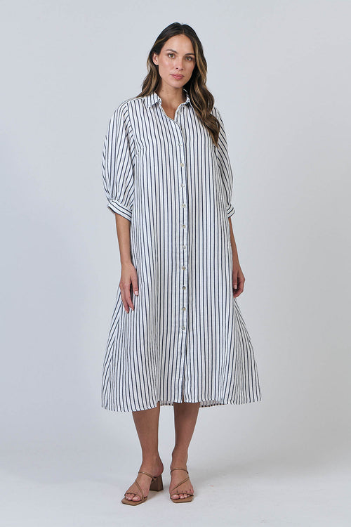 Striped Belted Linen Midi Dress