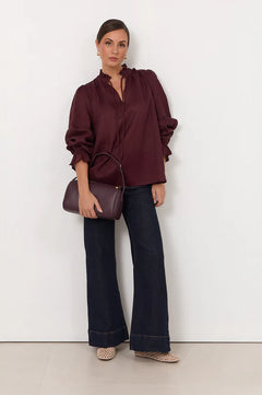Sandra Long Sleeve Linen Top - Plum