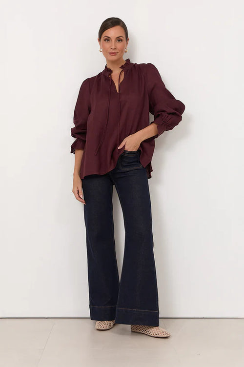 Sandra Long Sleeve Linen Top - Plum