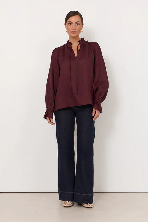 Sandra Long Sleeve Linen Top - Plum