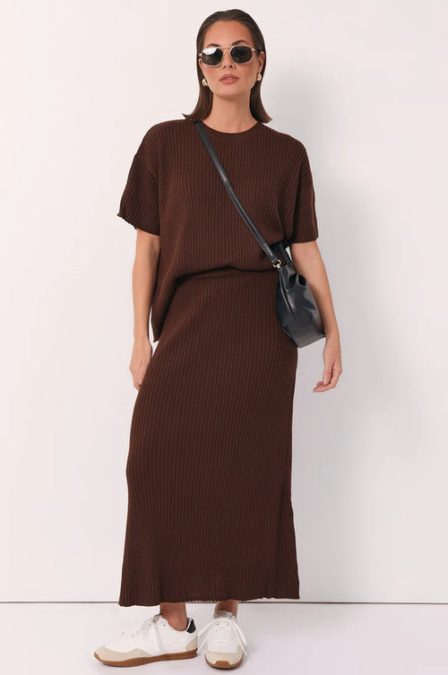 Taylor Rib Knit Midi Skirt - Chocolate