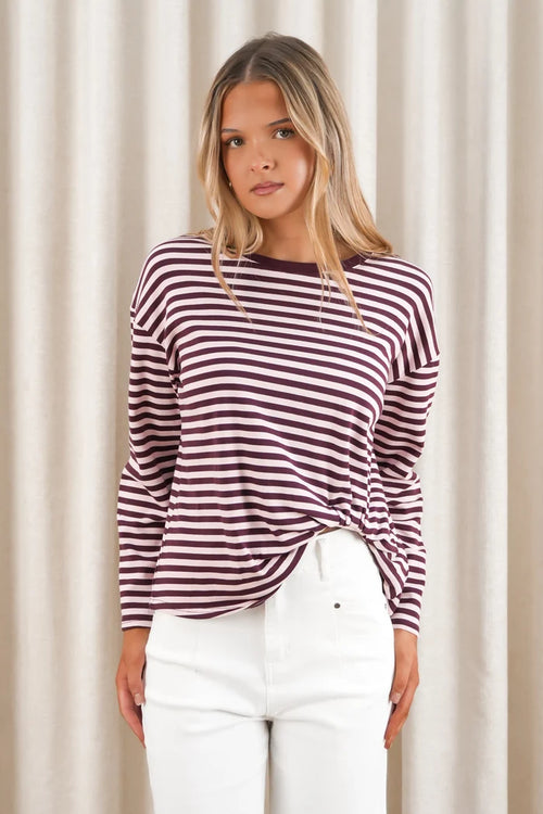 Easy Tuck Long Sleeve Tee - Plum/Pink Stripe