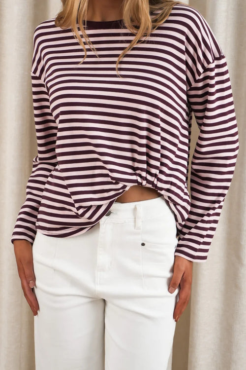Easy Tuck Long Sleeve Tee - Plum/Pink Stripe
