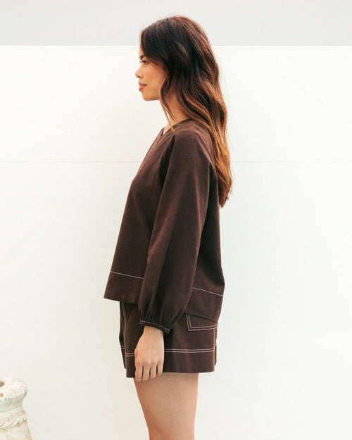 Contrast Stitch Blouse - Chocolate