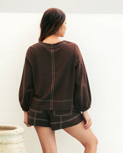 Contrast Stitch Blouse - Chocolate