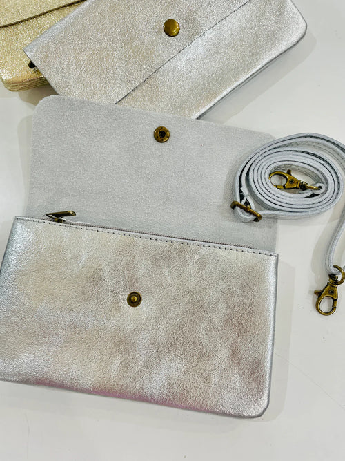 Metallic Clutch/Crossbody Bag - Silver