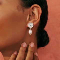 Green Onyx & Pearl Earrings - Silver