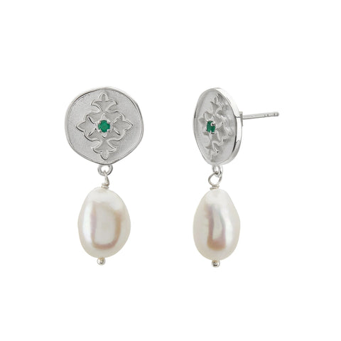 Green Onyx & Pearl Earrings - Silver