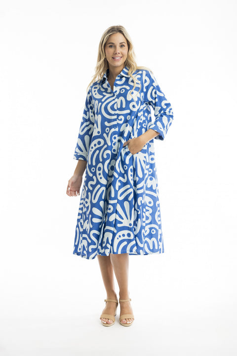 Poplin Shirt Dress - Blue Print