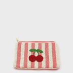Cherry Beaded Purse - White/Pink Stripe